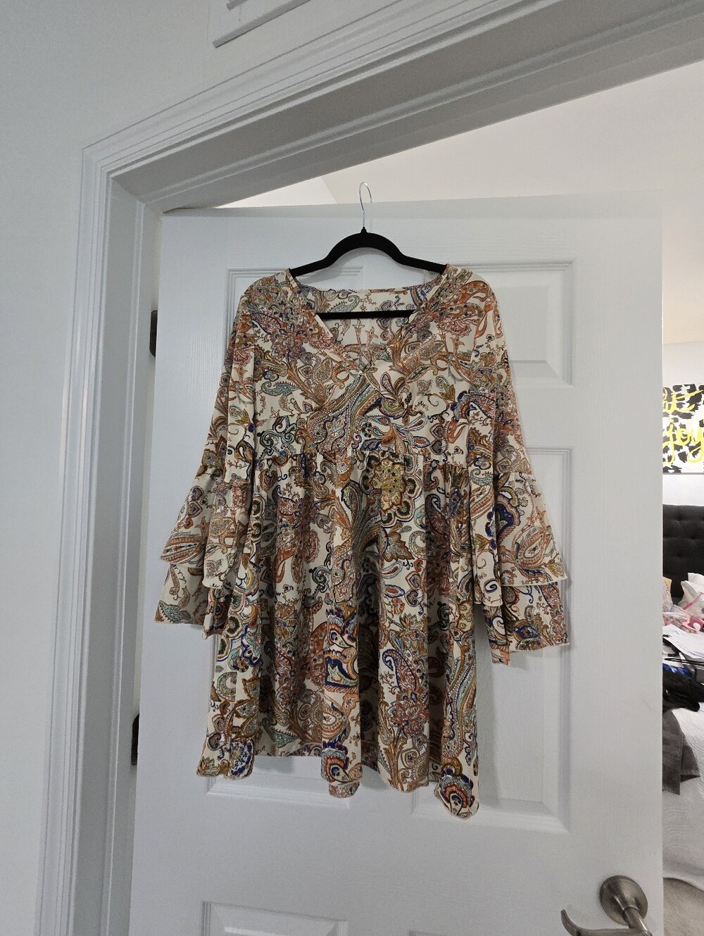 SHEIN Multicolor Paisley Mini V-Neck Bell Sleeve Dress